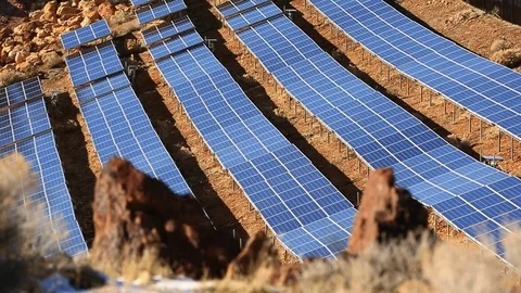 Looking Down On Rows of Solar Panels in the Desert Stock Footage 103122637