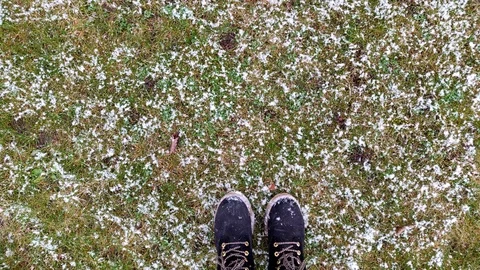 Looking Down Seeing Snow Falling on Boots and Grass Vídeo Stock 99219743