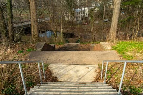Looking Down a Set of Stairs in a Park in Suburban Pennsylvania Stock Photos
