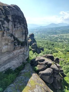 Looking Down from a Sheer Cliff at Meteora Stock Photos