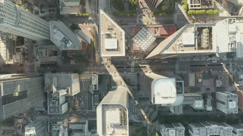 Looking down on Skyline Skyscraper Rooftops of Downtown Los Angeles in beautiful Vídeos de archivo 142642248