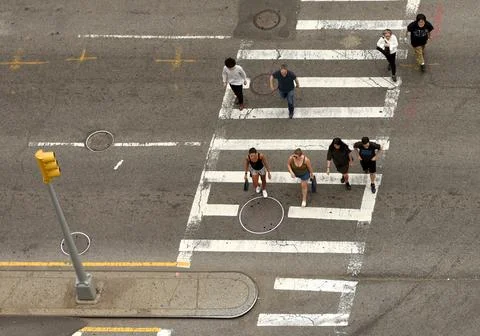 Looking down from skyscraper on the busy streets in New York Stock Photos