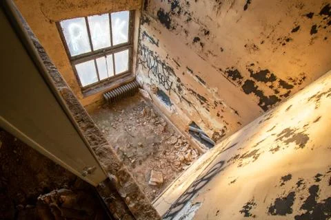 Looking Down Into a Small Room in an Abandoned Building Stock Photos