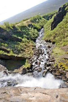 Looking down the small waterfall Hundafoss in the Skaftafell National Park in Stock Photos