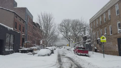 Looking Down Snow-Covered Brooklyn Street, Cars Buried, Perspective Shot 動画素材 329651384