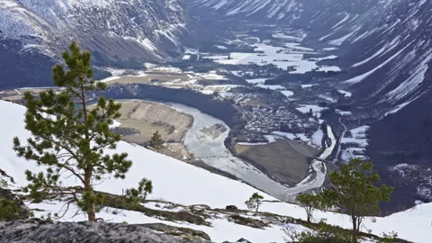 Looking down on a snowy valley with a tree in the foreground Vídeo Stock 267686288