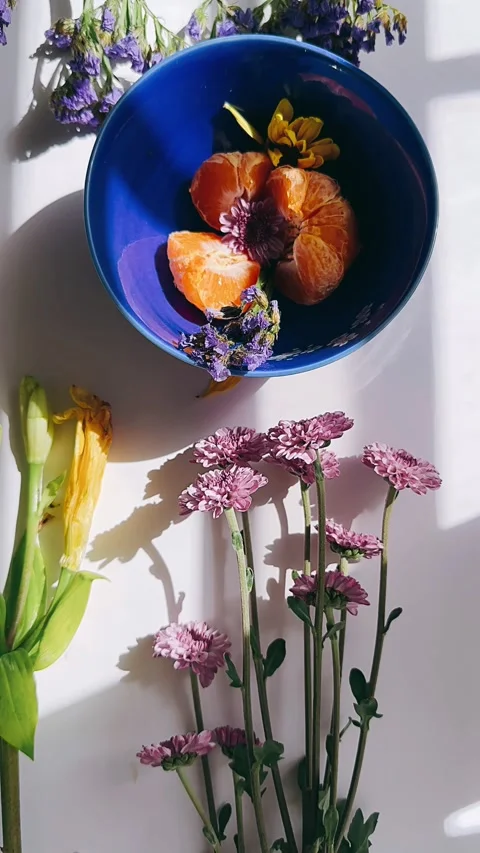 Looking down, still life, blue bowl, fruit, flowers, arrangement, composition, Stock Footage 267265573