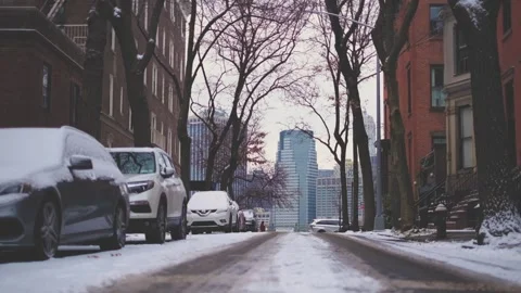 Looking Down the Street in Brooklyn Heights Toward Lower Manhattan Stock Footage 301648873