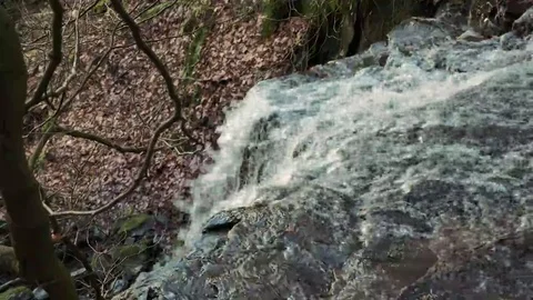 Looking down from top of Cleddon Falls waterfall with brown autumn leaves in Stock Footage 69073867