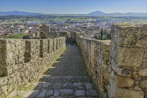 Looking down from the top of an old castle building Stock Photos