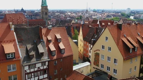 Looking Down On Traditional Old Colourful Buildings, Nuremberg, Germany Stock Footage 82762164