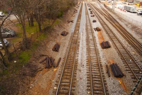 Looking down at train tracks Stock Photos