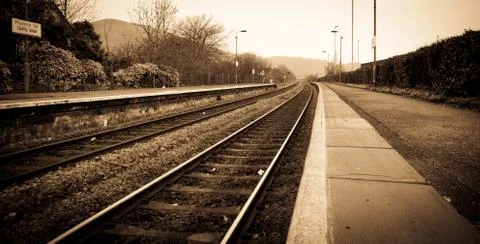 Looking down train tracks in Wales Stock Photos