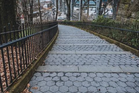 Looking Down the tree-lined St. Clair Stairs in Riverside Park, New York City Stock Photos