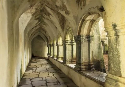 Looking down a valuted corridor in a disused abbey Stock Photos