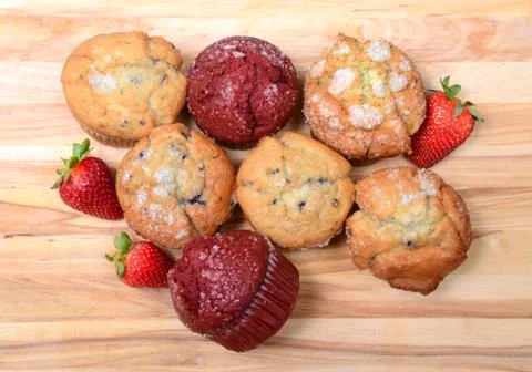 Looking down on a variety of muffins Stock Photos