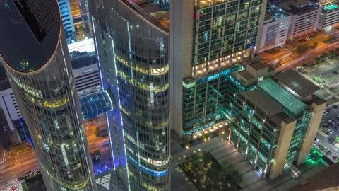 Looking down view of the high-rise buildings on Sheikh Zayed Road in Dubai ae Stock Photos