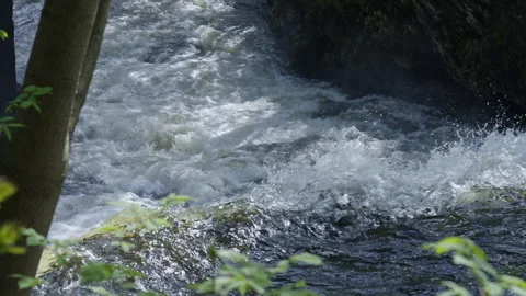 Looking down on a waterfall with trees defocused in the foreground Stock Footage 274637927