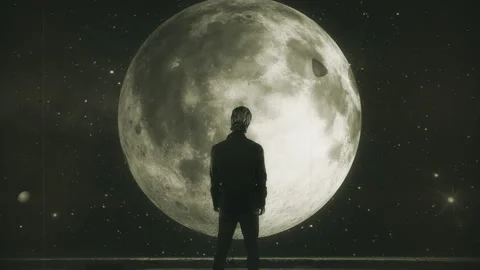 Looking at Full Moon Standing On Building Top Retro Style Zoom Out Stock Footage 164459331