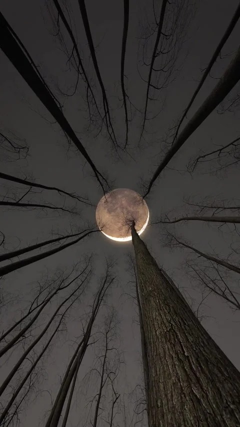 Looking Up at Full Moon Through Bare Winter Trees in Dark Forest Stock Footage 289517930