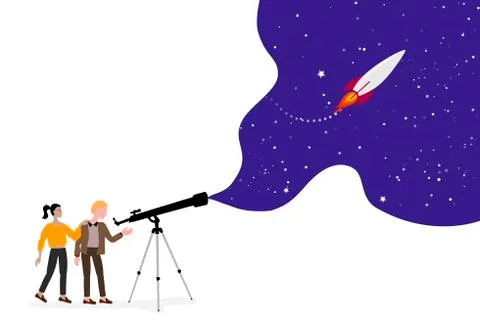 Looking to the future, concept. Two people looking through a telescope, Illustrazione stock