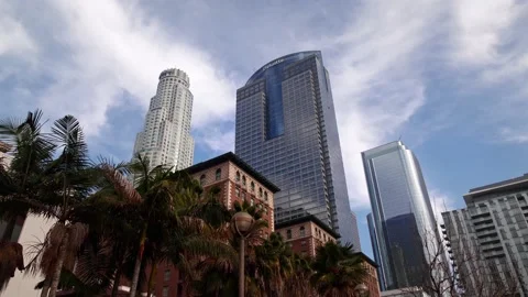 Looking up glide shot view of modern business skyscrapers in Los Angeles. USA Video stock 131497666
