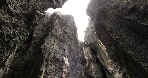 Looking up from gorge to ribbed limestone formations at Shilin Stone Forest Vidéo 329488605