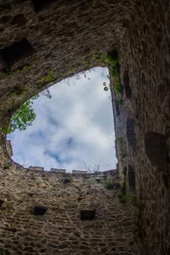 Looking from the ground to the sky through the castle ring Stock Photos