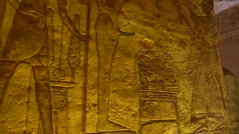 Looking at the illuminated hieroglyphs inside the Abu Simbel Stock Footage 142157159