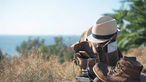 Looking image of travelling concept, essential vacation items. Vídeos de archivo 94572606