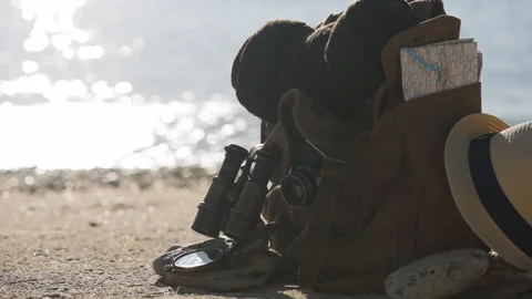 Looking image of travelling concept, essential vacation items. Stock Footage 95643625