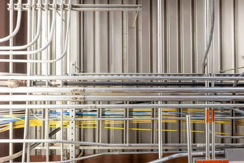 Looking up into an industrial ceiling with complex crisscross of utilities. Foto stock