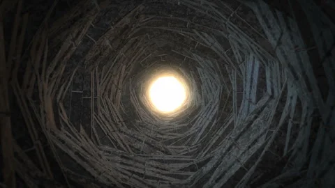 Looking Up Inside Dark Woven Tunnel Toward Bright Light Stock Footage 348103712