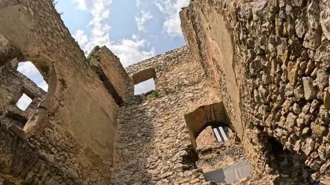 Looking Up Inside Medieval Beckov Castle Ruins Stock Footage 342112696