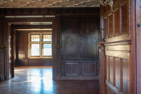 Looking Inside an Old Building With an Antique Dark Brown Wood Interior Fotos de archivo