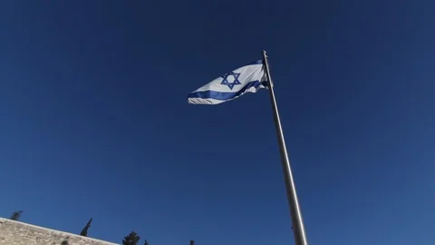 Looking Up At Israel Flag Blowing In Wind Near Western Wall In Slow Motion Stock-Footage 102149178