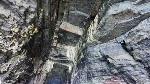 Looking up at layered rock ceiling inside a sea cave in Tasmania Stock Footage 347278774