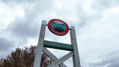 Looking up at the logo of the public beach in Zamardi Stock Footage 344801413