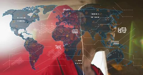 Looking man in red jacket and white collar scanning HUD world map overlay, copy Stock Photos