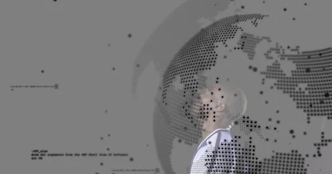 Looking man wearing light jacket, dark collar, in studio, showing dotted globe Stock Photos