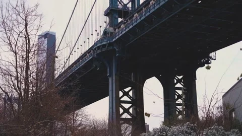 Looking Up at the Manhattan Bridge from Brooklyn Bridge Park Stock Footage 301648884