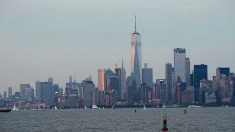 Looking at Manhattan Skyline from Staten Island Ferry Stock Footage 80721541