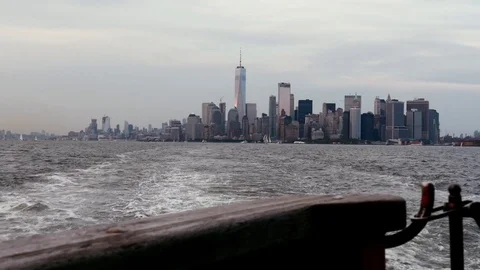 Looking at Manhattan Skyline from Staten Island Ferry Stock Footage 80724392
