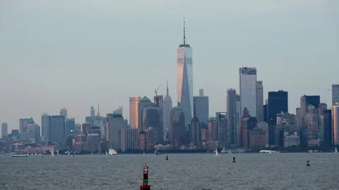 Looking at Manhattan Skyline from Staten Island Ferry Stock Footage 80724411