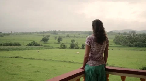 Looking at meadows from high balcony Stock Footage 60740668