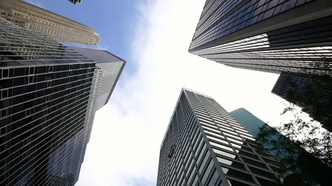 Looking up at modern skyscraper buildings in NYC New York City Manhattan wall st Video stock 96520201