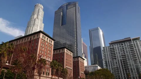 Looking up moving dolly shot of modern skyscrapers in downtown Los Angeles, USA Stock Footage 131497928