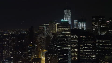 Looking north at Manhattan Financial district, Freedom Tower in mid-frame; Stock Footage 59171895