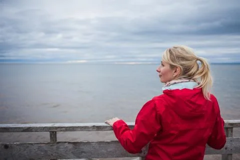 Looking at the Ocean on a cold Autumn Cloudy Day Stock Photos