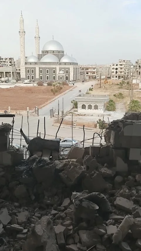 Looking from one of buildings destroyed during Syrian civil war Stock Footage 331099558